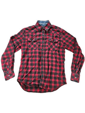 Duke's Men's Casual Button-Down Shirt Red Black Plaid Small Cotton Flannel Snap